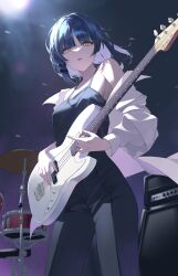 Rule 34 | 1girl, absurdres, bare shoulders, black camisole, black pants, blue hair, bocchi the rock!, breasts, camisole, collarbone, commentary, drum, drum set, floating hair, hair ornament, hairclip, halterneck, highres, holding, holding instrument, instrument, jacket, long sleeves, looking at viewer, medium breasts, mole, mole under eye, music, open clothes, open jacket, open mouth, pants, playing instrument, ryo e, short hair, solo, white jacket, yamada ryo, yellow eyes