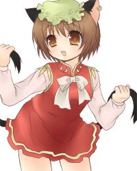Rule 34 | 1girl, animal ears, brown eyes, brown hair, cat ears, cat girl, cat tail, chen, earrings, female focus, hat, jewelry, jyako, lowres, multiple tails, short hair, simple background, solo, tail, touhou