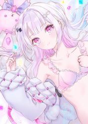 Rule 34 | 1girl, absurdres, bow, bowtie, bra, breasts, brooch, commission, frilled bra, frills, gem, gradient hair, hair intakes, hair ornament, hairclip, highres, hoju rura, indie virtual youtuber, jacket, jewelry, kishida mel, long hair, lying, multicolored hair, off shoulder, on back, open clothes, open jacket, pink eyes, pink hair, quilted clothes, skeb commission, small breasts, solo, stuffed animal, stuffed rabbit, stuffed toy, two-tone hair, underwear, upper body, virtual youtuber, white hair