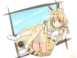 Rule 34 | 1girl, animal ear fluff, animal ears, bare shoulders, blonde hair, blush, boots, bow, bowtie, center frills, elbow gloves, extra ears, frills, full body, gloves, hands up, high-waist skirt, highres, kemono friends, looking at viewer, panties, paw pose, print bow, print bowtie, print gloves, print neckwear, print panties, print skirt, print thighhighs, serval (kemono friends), serval print, serval tail, shiraha maru, shirt, short hair, simple background, skirt, sleeveless, sleeveless shirt, smile, solo, tail, thighhighs, traditional bowtie, underwear, white footwear, white shirt, yellow eyes