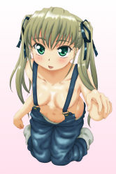 Rule 34 | 1girl, blush, breasts, green eyes, kesuida, long hair, naked overalls, original, overalls, smile, solo, suspenders, twintails, uncensored