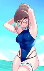 Rule 34 | 1girl, beach, breasts, brown hair, glasses, hair bun, hair tie, hair tie in mouth, highres, kashii kaoru, large breasts, looking at viewer, mahjong soul, mouth hold, ninomiya hana, ocean, one-piece swimsuit, solo, swimsuit, tight clothes, tying hair, yellow eyes