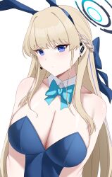 Rule 34 | 1girl, animal ears, aqua bow, aqua bowtie, arind yudha, bare shoulders, blonde hair, blue archive, blue eyes, bow, bowtie, breasts, cleavage, closed mouth, detached collar, fake animal ears, halo, headset, highres, large breasts, leotard, looking at viewer, official alternate costume, playboy bunny, rabbit ears, simple background, solo, toki (blue archive), toki (bunny) (blue archive), upper body, white background