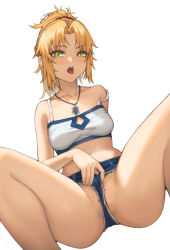 Rule 34 | 1girl, belt, blonde hair, collarbone, dutch angle, fate/grand order, fate (series), green eyes, highres, jewelry, kirikiri, looking at viewer, midriff, mordred (fate), mordred (fate/apocrypha), mordred (memories at trifas) (fate), navel, necklace, off shoulder, parted lips, ponytail, saliva, saliva trail, scrunchie, shorts, sitting, solo, spread legs, wedgie
