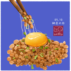 Rule 34 | artist logo, artist name, blue background, chopsticks, dated, egg (food), egg yolk, food, food focus, food request, highres, no humans, original, yuki00yo
