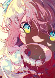 Rule 34 | 1girl, absurdres, blue eyes, bocchi the rock!, close-up, cube hair ornament, floating hair, gotoh hitori, hair between eyes, hair ornament, highres, jacket, long hair, looking at viewer, multicolored eyes, parted lips, pink hair, pink jacket, satoimonosuke, shaded face, solo, track jacket, wind, yellow eyes