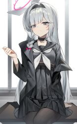 Rule 34 | 1girl, absurdres, black choker, black hairband, black jacket, black pantyhose, black serafuku, black shirt, black skirt, blue archive, blunt bangs, bow, braid, choker, closed mouth, desk, expressionless, grey eyes, grey hair, hair bow, hair intakes, hairband, halo, hand up, hashtag-only commentary, high-waist skirt, highres, indoors, jacket, long hair, long sleeves, looking at viewer, midriff peek, neckerchief, on desk, open clothes, open jacket, pantyhose, parted bangs, pink halo, plana (blue archive), pleated skirt, red bow, red pupils, school desk, school uniform, serafuku, shirt, single braid, single off shoulder, sitting, on desk, skirt, solo, sugar (dndi888), white bow, white neckerchief