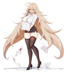 Rule 34 | 1girl, absurdres, black-framed eyewear, black footwear, black skirt, black thighhighs, blonde hair, blouse, breast rest, breasts, button gap, buttons, carried breast rest, carrying, drooling, dropping, faucre the evil overlord, glasses, high heels, highres, large breasts, last origin, long hair, looking at viewer, no bra, office lady, open mouth, panties, pantyshot, paper, paper stack, pencil skirt, pn (wnsl216), shirt, skirt, solo, sweat, thick thighs, thighhighs, thighs, underwear, very long hair, white panties, white shirt, yellow eyes