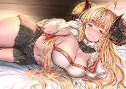 Rule 34 | 1girl, ahoge, aldehyde, anila (granblue fantasy), bandeau, bare shoulders, black skirt, blonde hair, blunt bangs, blush, breasts, cape, cleavage, draph, elbow gloves, fur-trimmed cape, fur collar, fur trim, gloves, granblue fantasy, horns, large breasts, long hair, looking at viewer, lying, midriff, miniskirt, navel, on side, pleated skirt, sheep horns, short eyebrows, skirt, smile, solo, thick eyebrows, thighs, very long hair, wavy hair, white cape, white gloves, yellow eyes