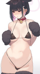 Rule 34 | 1girl, animal ears, animal hands, bare shoulders, bell, belt, belt collar, bikini, black gloves, black hair, black thighhighs, blue archive, blunt ends, blush, breasts, cat ears, chestnut mouth, choker, collar, collarbone, colored inner hair, commentary request, ears down, extra ears, fur-trimmed thighhighs, fur gloves, furrowed brow, gloves, gluteal fold, groin, hair behind ear, hair ornament, hairclip, halo, highres, kazusa (blue archive), large breasts, looking down, medium breasts, medium hair, micro bikini, multicolored hair, nashida bell, navel, neck bell, open mouth, paw gloves, paws, pink hair, pink halo, red belt, red choker, red collar, red eyes, shaded face, simple background, skindentation, solo, stomach, sweatdrop, swimsuit, thighhighs, two-tone hair, white background, wide hips