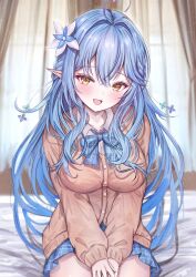 Rule 34 | 1girl, absurdres, blue hair, cardigan, highres, hololive, long hair, long sleeves, looking at viewer, mito soosu, open mouth, pointy ears, sitting, smile, solo, virtual youtuber, yellow eyes, yukihana lamy
