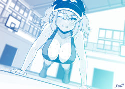 Rule 34 | 1girl, alternate costume, basketball hoop, blue theme, blunt bangs, blush, boots, breasts, cleavage, clenched teeth, commentary request, exercising, flat cap, full body, gym, hair bobbles, hair ornament, hat, highres, indoors, kagiyama shachou, kawashiro nitori, large breasts, looking at viewer, medium hair, monochrome, one eye closed, push-ups, sidelocks, solo, sports bra, sweat, teeth, touhou, two side up, window