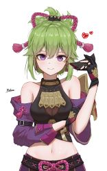 Rule 34 | 1girl, absurdres, armor, artist name, bare shoulders, black gloves, black nails, blush, breasts, chinese commentary, cleavage, closed mouth, crop top, cropped jacket, fishnet top, fishnets, genshin impact, gloves, green hair, hair between eyes, hair ornament, hand up, heart, highres, holding, holding mask, jacket, kuki shinobu, looking at viewer, mask, unworn mask, medium breasts, midriff, mouth mask, nail polish, navel, ninja mask, nokoo, off shoulder, partially fingerless gloves, purple eyes, purple jacket, revision, rope, shimenawa, shirt, short ponytail, shoulder armor, sidelocks, simple background, sleeveless, sleeveless shirt, smile, solo, stomach, upper body, white background