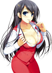 Rule 34 | 1girl, absurdres, black bra, black hair, blue eyes, blush, bra, braid, breasts, cleavage, female focus, hair ornament, hairclip, highres, large breasts, long hair, looking at viewer, mechanical pencil, open clothes, open shirt, original, parted lips, pencil, shirt, simple background, smile, solo, tomose shunsaku, underwear, wet, wet clothes, wet shirt, white background