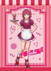 Rule 34 | 1girl, blush, breasts, cup, drinking glass, hand on own hip, kanojo mo kanojo, legs, looking at viewer, milkshake, official art, red eyes, red hair, roller skates, saki saki (kanojo mo kanojo), skates, skirt, small breasts, smile, tray, waitress