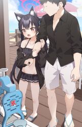 Rule 34 | 1boy, 1girl, animal ear fluff, animal ears, arm hug, bikini, black hair, blue archive, blue sky, cat ears, cat girl, cloud, cloudy sky, collarbone, collared shirt, day, faceless, faceless male, fang, frilled bikini, frills, halo, highres, jacket, long hair, long sleeves, looking at another, off shoulder, ooarai school uniform, open mouth, outdoors, partially unbuttoned, pink eyes, sandals, school uniform, sensei (blue archive), serika (blue archive), serika (swimsuit) (blue archive), shaved ice machine, shirt, short hair, shorts, skin fang, sky, sleeves rolled up, standing, sweatdrop, swimsuit, twintails, umbrella, yukie (kusaka shi)