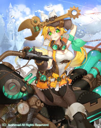 Rule 34 | 1girl, bandaid, bandaid on face, belt, boots, bow, breasts, cardfight!! vanguard, cleavage, cloud, company name, covered navel, day, earrings, gloves, goggles, goggles around neck, green eyes, jewelry, long hair, low ponytail, motor vehicle, motorcycle, official art, pantyhose, sky, solo, spinel (9057), steam engineer kusha-ana