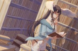 Rule 34 | 1girl, angel, angel wings, black hair, black panties, black pantyhose, book, bookshelf, detached collar, finger to mouth, fishdry, from side, fur-trimmed jacket, fur trim, head wings, highres, holding, holding book, jacket, library, long hair, looking at viewer, navel, neck ribbon, open book, original, panties, pantyhose, pantyhose under shorts, partially shaded face, pile of books, pink lips, purple eyes, revealing clothes, ribbon, shadow, shorts, shushing, side slit, side slit shorts, solo, standing, underwear, very long hair, white shorts, wings