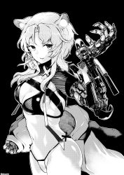 Rule 34 | 1girl, absurdres, animal ears, arm cannon, bikini, black background, breast strap, breasts, cleavage, commission, cyborg, greyscale, highres, hood, hooded jacket, jacket, looking to the side, mechanical arms, medium breasts, medium hair, miaawa, midriff, monochrome, navel, off shoulder, original, parted bangs, parted lips, science fiction, skeb commission, sleeves past wrists, smile, swimsuit, weapon