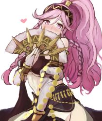 Rule 34 | 1girl, blush, braid, breasts, bridal gauntlets, fire emblem, fire emblem awakening, fire emblem heroes, hairband, hand fan, heart, holding, holding fan, ippers, large breasts, long hair, midriff, nintendo, olivia (fire emblem), pink eyes, pink hair, ponytail, revealing clothes, side braid, simple background, solo, twin braids, underboob, white background