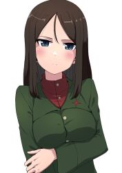 Rule 34 | 1girl, black hair, blue eyes, blush, breasts, buchikaki, expressionless, girls und panzer, highres, large breasts, long hair, looking at viewer, military uniform, nonna (girls und panzer), pravda military uniform, simple background, solo, uniform, upper body, white background