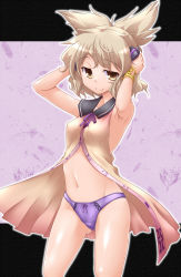 Rule 34 | 1girl, armpits, blonde hair, bracelet, brown eyes, earmuffs, female focus, hands on headphones, headphones, highres, jewelry, lace, lace-trimmed panties, lace trim, midriff, navel, no pants, open clothes, open shirt, panties, purple panties, shirt, short hair, sleeveless, sleeveless shirt, solo, touhou, toyosatomimi no miko, underwear, wristband, yoshi tama