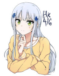 Rule 34 | 1girl, breasts, character name, collarbone, commentary, cross, cross hair ornament, crossed arms, finger to own chin, girls&#039; frontline, green eyes, hair ornament, hk416 (girls&#039; frontline), iron cross, korean commentary, long hair, long sleeves, medium breasts, shirt, sidarim, silver hair, simple background, smile, solo, teardrop tattoo, upper body, very long hair, white background, yellow shirt
