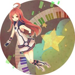 Rule 34 | ahoge, bad id, bad pixiv id, belt, boots, cuffs, doll joints, dress, earphones, gloves, hand on own hip, highres, hip focus, instrument, joints, keyboard (instrument), long hair, nigoru, open mouth, red eyes, red hair, sf-a2 miki, socks, solo, star (symbol), striped clothes, striped socks, vocaloid