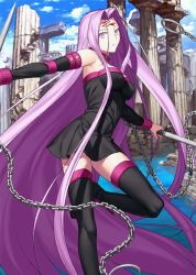 Rule 34 | 1girl, absurdly long hair, black dress, breasts, chain, cloud, cloudy sky, day, detached sleeves, dress, fate/grand order, fate/stay night, fate (series), holding, holding weapon, long hair, looking at viewer, medium breasts, medusa (fate), medusa (rider) (fate), nameless dagger (fate), official art, pink eyes, pink hair, rectangular pupils, resized, ruins, sideboob, sky, solo, strapless, strapless dress, takeuchi takashi, thighhighs, upscaled, very long hair, waifu2x, water, weapon, zettai ryouiki
