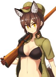 Rule 34 | 1girl, animal ears, arisaka, bikini, bolt action, breasts, brown hair, cleavage, extra ears, fox ears, fox tail, gloves, gun, hat, large breasts, looking at viewer, military, military uniform, nosuku, original, rifle, short hair, simple background, solo, star (symbol), swimsuit, tail, uniform, weapon, white background, yellow eyes