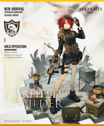 Rule 34 | 1girl, adjusting eyewear, ammunition belt, arknights, bare legs, black footwear, black gloves, black jacket, brown eyes, container, detached wings, exusiai (arknights), exusiai (wild operation) (arknights), eyewear on head, full body, gloves, grey shorts, gun, hair over one eye, halo, hand up, holding, holding gun, holding weapon, holster, huanxiang heitu, jacket, long sleeves, looking at viewer, official alternate costume, official art, red hair, rifle, shadow, shoes, short hair, short shorts, shorts, smile, solo, standing, sunglasses, sunglasses on head, thigh holster, weapon, wings