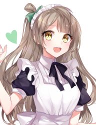 Rule 34 | 1girl, :d, apron, bad id, bad pixiv id, black bow, black dress, bow, breasts, brown eyes, brown hair, commentary request, dress, eburidei hitomigokuu, green bow, hair bow, hand up, heart, long hair, love live!, love live! school idol project, maid, maid headdress, minami kotori, one side up, open mouth, puffy short sleeves, puffy sleeves, short sleeves, simple background, small breasts, smile, solo, upper body, very long hair, white apron, white background