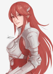 Rule 34 | 1girl, armor, armored dress, artist name, breastplate, cm lynarc, commentary, cordelia (fire emblem), dress, english commentary, fire emblem, fire emblem awakening, grin, hair between eyes, hair ornament, highres, lips, long hair, looking at viewer, nintendo, parted lips, pauldrons, pink lips, red dress, red eyes, red hair, shoulder armor, signature, simple background, smile, solo, very long hair, white background, wing hair ornament