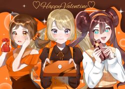 Rule 34 | 3girls, :d, alternate costume, blonde hair, blush, box, bright pupils, brown hair, brown shirt, collared shirt, commentary, creatures (company), double bun, dress, eyelashes, game freak, gift, gift box, green eyes, hair bun, hands up, happy valentine, heart, highres, holding, kamicho musharu, long hair, looking at viewer, lyra (pokemon), multiple girls, nintendo, open mouth, orange dress, pokemon, pokemon bw2, pokemon hgss, pokemon xy, rosa (pokemon), serena (pokemon), shirt, smile, sparkle, twintails, valentine, white pupils