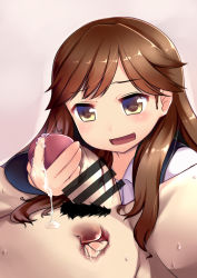 Rule 34 | 10s, 1boy, 1girl, anal, anal fingering, arashio (kancolle), bad id, bad pixiv id, bar censor, blush, brown eyes, brown hair, censored, clothed female nude male, cum, femdom, fingering, gigokku, handjob, hetero, highres, kantai collection, long hair, male penetrated, nude, open mouth, penis, prostate milking, school uniform, smile, solo focus, suspenders, tagme