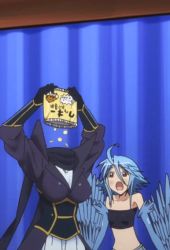 Rule 34 | 10s, 2girls, ahoge, animated, animated gif, bandeau, blue hair, blue wings, breasts, brown eyes, chips (food), chuunibyou, coat, cropped, dullahan, eating, feathered wings, food, gauntlets, harpy, headless, lala (monster musume), looping animation, monster girl, monster musume no iru nichijou, multiple girls, open mouth, papi (monster musume), scarf, screencap, small breasts, upper body, what, winged arms, wings