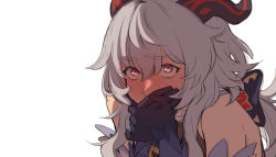 Rule 34 | 1girl, bare shoulders, blush, covering own mouth, ganyu (genshin impact), genshin impact, gloves, grey hair, hair between eyes, horns, long hair, long sleeves, maiqo, simple background, solo, white background