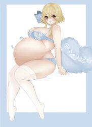 Rule 34 | 1girl, big belly, blonde hair, blush, bow, bra, breasts, cleavage, curvy, frilled bra, frilled panties, frills, from side, full body, genshin impact, hair between eyes, hair bow, hand on own stomach, highres, large breasts, looking at viewer, lumine (genshin impact), medium hair, panties, parted lips, pillow, pregnant, purinpaw, shiny skin, short hair, sidelocks, sitting, smile, solo, thick thighs, thighhighs, thighs, underwear, white thighhighs, wide hips, yellow eyes