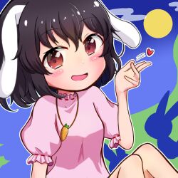 Rule 34 | 1girl, animal ears, black hair, blush, breasts, carrot necklace, dress, feet out of frame, floppy ears, hand up, heart, highres, inaba tewi, jewelry, knees together feet apart, knees up, looking at viewer, mariannu (uncz3784), necklace, open mouth, outline, pink dress, puffy short sleeves, puffy sleeves, rabbit ears, red eyes, short hair, short sleeves, sitting, small breasts, smile, solo, touhou, white outline