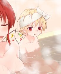 Rule 34 | 2girls, :d, bath, blonde hair, blush, breast envy, breasts, closed mouth, collarbone, commentary request, closed eyes, flandre scarlet, flat chest, hong meiling, large breasts, looking at another, miyo (ranthath), multiple girls, no headwear, no headwear, nude, open mouth, red eyes, red hair, short hair, smile, steam, touhou, upper body, water, wings