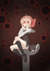 Rule 34 | 1girl, :d, absurdres, ahoge, blonde hair, blood, blood on clothes, blood on face, blood on hands, column, dark, darkness, frilled skirt, frills, hair ribbon, highres, open mouth, pillar, red eyes, ribbon, rumia, sh (shinh), shaded face, shirt, short hair, sitting, skirt, smile, solo, touhou, vest