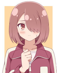 Rule 34 | 1girl, bad id, bad pixiv id, blush, border, breasts, brown hair, clenched hand, closed mouth, collarbone, commentary request, frown, hair over one eye, hand up, highres, hoshino miyako (wataten), jacket, long sleeves, looking at viewer, outside border, red eyes, red jacket, shirt, short hair, simple background, solo, split mouth, sweatdrop, track jacket, upper body, watashi ni tenshi ga maiorita!, white border, white shirt, yellow background, zeta (24904340), zipper pull tab
