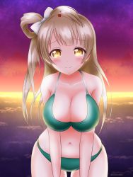 Rule 34 | 1girl, absurdres, artist name, artist request, bare shoulders, bikini, blue sky, blush, bow, breasts, brown eyes, brown hair, butatales, cloud, collarbone, female focus, flower hair ornament, green bikini, grey hair, hair bow, hair ornament, hair rings, hairclip, highres, light brown hair, long hair, looking at viewer, love live!, love live! school idol project, medium breasts, minami kotori, ocean, orange sky, outdoors, parted lips, ponytail, purple sky, side ponytail, sky, smile, solo, star (sky), sunset, swimsuit, white bow, yellow eyes