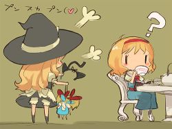 Rule 34 | 2girls, ?, alice margatroid, angry, apron, black dress, blonde hair, blue dress, blush, chair, doll, dress, female focus, from behind, full body, fume, hairband, hat, holding, hourai doll, kirisame marisa, long hair, looking to the side, lowres, mota, multiple girls, short hair, simple background, standing, touhou, waist apron, witch hat, | |, || ||