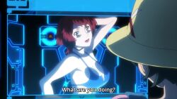 Rule 34 | 1boy, 1girl, animated, anime screencap, blue one-piece swimsuit, breasts, embarrassed, gundam, gundam build fighters, hat, headphones, highres, huge breasts, indoors, microphone, nenene (gundam bf), o-ring, o-ring swimsuit, one-piece swimsuit, red hair, revealing clothes, short hair, slingshot swimsuit, sound, swimsuit, tagme, video, yasaka mao