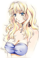 Rule 34 | 00s, 1girl, :o, aqua eyes, bandeau, bare shoulders, blonde hair, blue eyes, blush, breasts, choker, cleavage, covered erect nipples, earrings, embarrassed, iyou, jewelry, large breasts, long hair, looking at viewer, lowres, macross, macross frontier, midriff, mizuno poppo, open mouth, pendant, poppo, sheryl nome, shirt, simple background, solo, strapless, surprised, taut clothes, taut shirt, tube top, upper body
