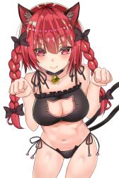 Rule 34 | 1girl, animal ears, bad id, bad pixiv id, bare shoulders, bell, black bra, black panties, blush, bow, bra, braid, breasts, cat cutout, cat ears, cat lingerie, cat tail, cleavage, cleavage cutout, clothing cutout, collar, collarbone, cowboy shot, europia, fang, hair bow, highres, kaenbyou rin, large breasts, leaning forward, looking at viewer, meme attire, multiple tails, navel, neck bell, panties, paw pose, red eyes, red hair, smile, solo, tail, touhou, twin braids, twintails, underwear