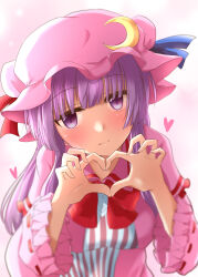 Rule 34 | 1girl, ascot, blush, breasts, crescent, crescent hat ornament, frilled sleeves, frills, hat, hat ornament, heart, heart hands, long hair, mob cap, patchouli day, patchouli knowledge, pink hat, purple eyes, purple hair, ram hachimin, red ascot, solo, touhou, upper body