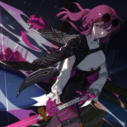 Rule 34 | 1girl, black jacket, black shorts, breasts, chest harness, chromatic aberration, collared shirt, earrings, gloves, hair between eyes, harness, high-waist shorts, highres, holding, holding sword, holding weapon, honkai: star rail, honkai (series), jacket, jewelry, kafka (honkai: star rail), large breasts, lipstick, long hair, long sleeves, looking at viewer, makeup, nao (530116504), pantyhose, pantyhose under shorts, parted lips, purple eyes, purple gloves, purple hair, purple pantyhose, ring, round eyewear, shirt, shorts, sidelocks, smile, solo, sunglasses, sword, weapon, white shirt