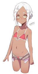 Rule 34 | 1girl, bare arms, bare shoulders, bikini, blush, brown eyes, closed mouth, collarbone, cropped legs, dark-skinned female, dark skin, dated, female focus, flat chest, forehead, front-tie top, grey shorts, maze (gochama ze gohan), original, parted bangs, red bikini, short hair, short shorts, shorts, sidelocks, signature, silver hair, simple background, sketch, smile, solo, swimsuit, thick eyebrows, white background